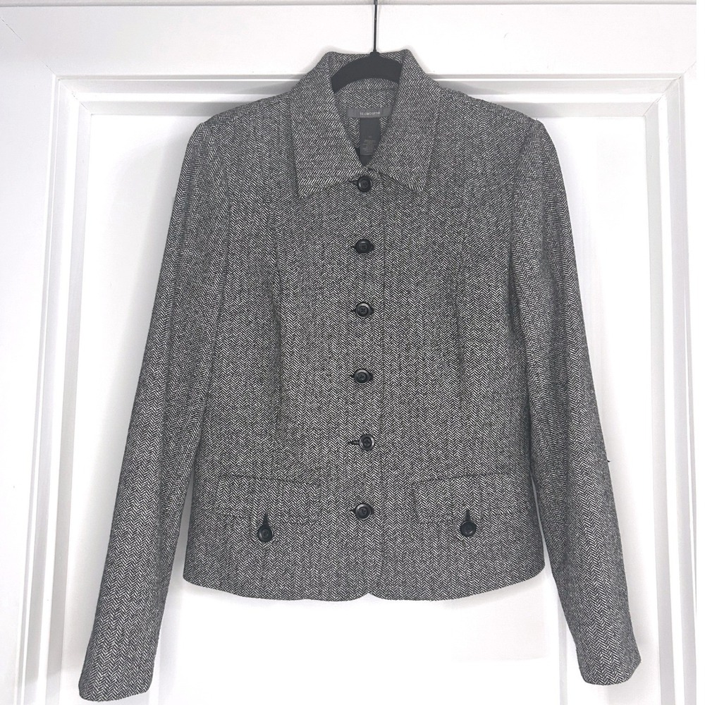 Liz Claiborne Womens Herringbone Blazer Wool Blend Jacket Black 10 Professional